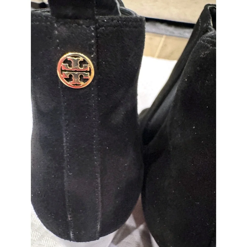 Tory Burch Black Suede Peep Toe Booties Women 8.5 Block Heel Chelsea Ankle Boots